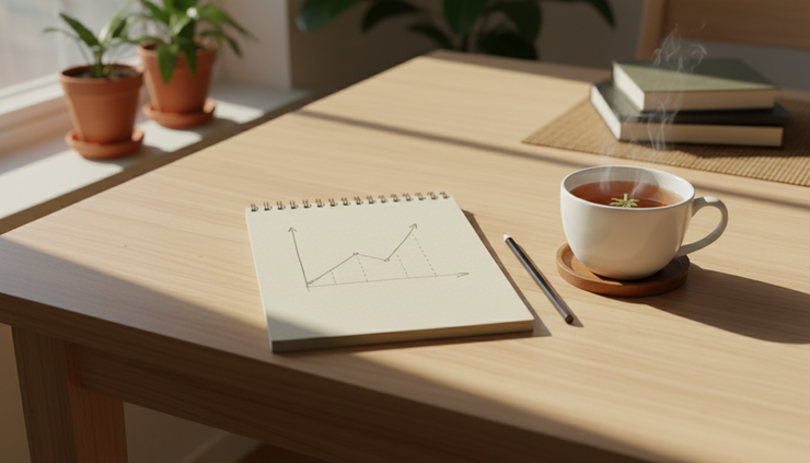 Wide-angle view of a simple notebook showing a hand-drawn chart near a cup of tea at home.