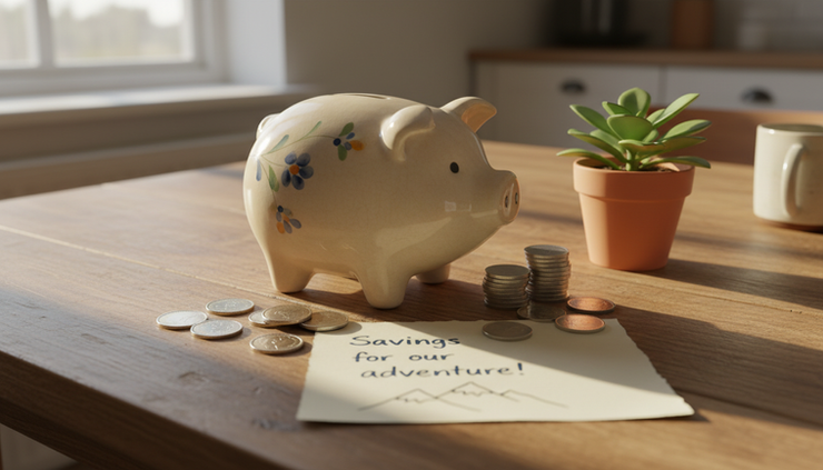 Wide-angle view of a child’s piggy bank beside Swiss coins and a small plant on a wooden kitchen table