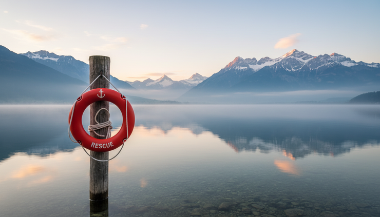 Wide-angle view of a quiet Swiss lake with a red lifebuoy attached to a wooden post near the shore.