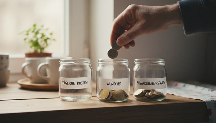Close-up view of a parent placing Swiss franc coins into three labelled glass jars on a kitchen shelf
