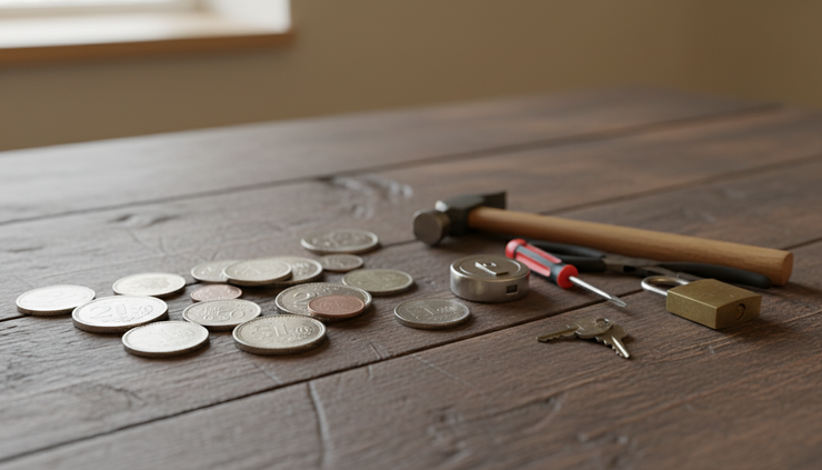 Close-up of two hands placing Swiss franc coins beside a small set of hand tools on a wooden surface