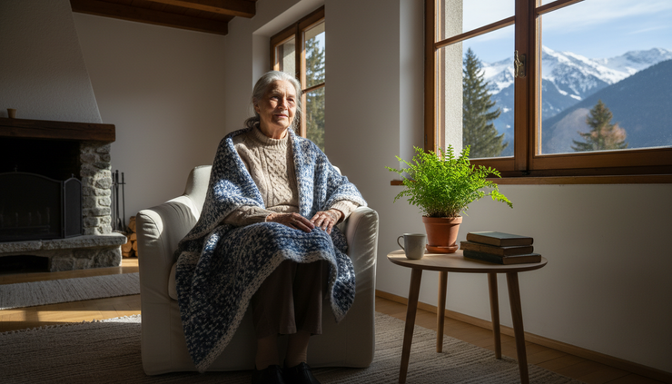 Wide-angle view of an elderly person sitting comfortably by a window with a knitted blanket and a small plant nearby