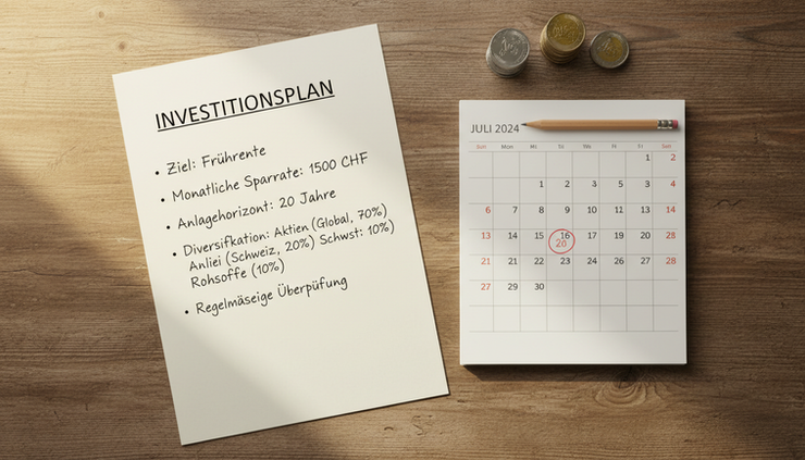 Overhead view of a handwritten investment plan beside a calendar, pencil, and small stack of Swiss franc coins on a wooden kitchen table.