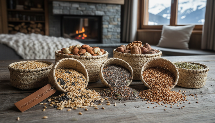 Close-up of several woven baskets filled with different grains, nuts, and seeds on a wooden table.