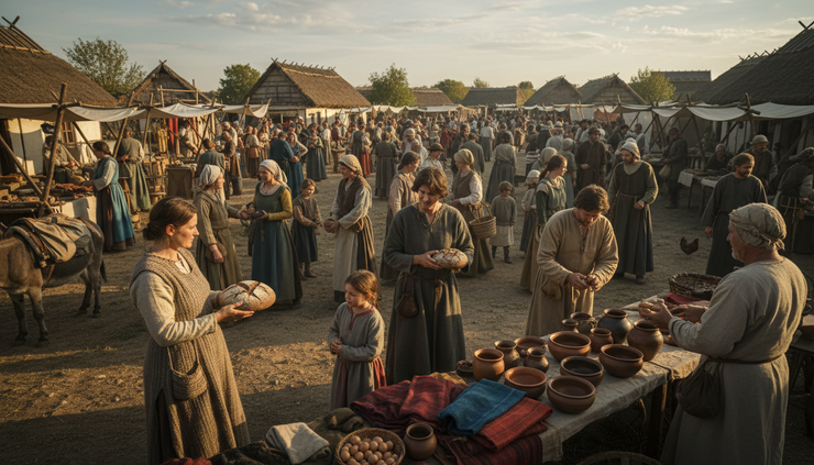 Wide-angle view of a small village market where people exchange bread, eggs, cloth and pottery.