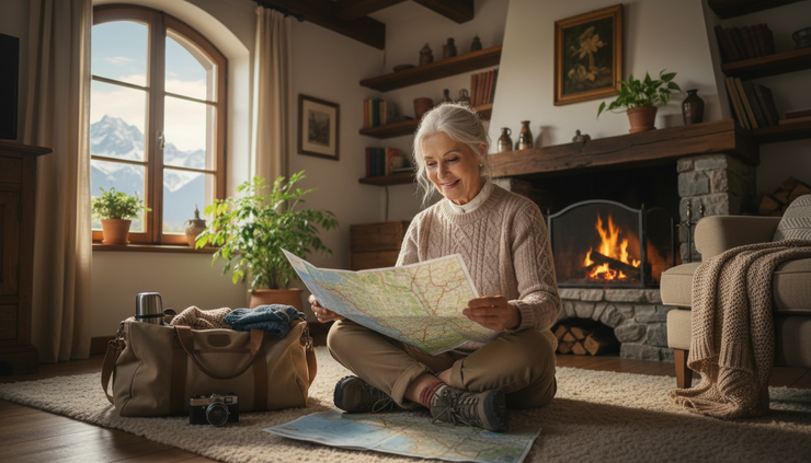 Eye-level view of a retired person checking a travel map beside a packed weekend bag at home
