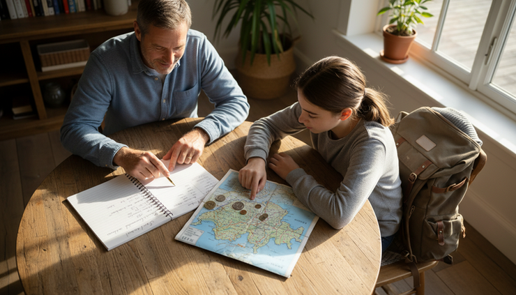 Overhead view of a teenager and parent looking at a savings notebook with a backpack and travel map nearby