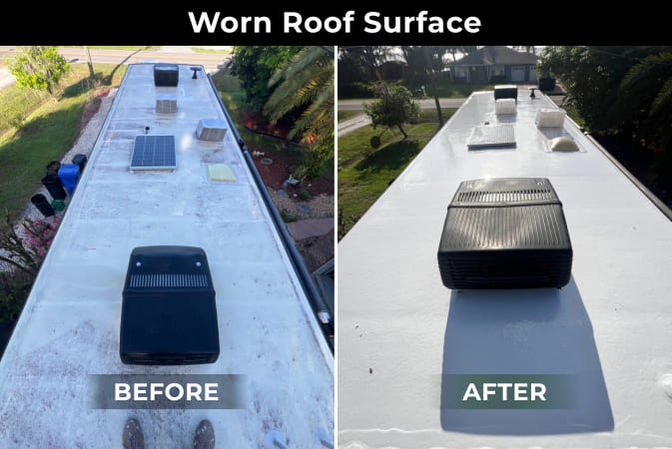 Worn RV roof surface restoration before and after