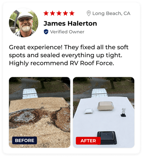 Soft spot RV roof repair before and after in Long Beach