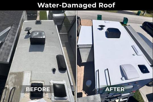 Water-damaged RV roof repair before and after