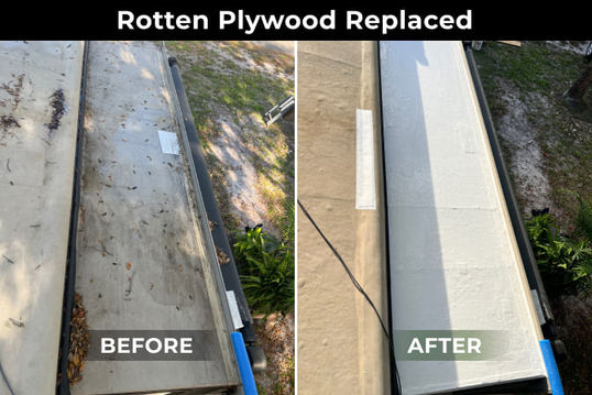 RV roof edge plywood replacement before and after