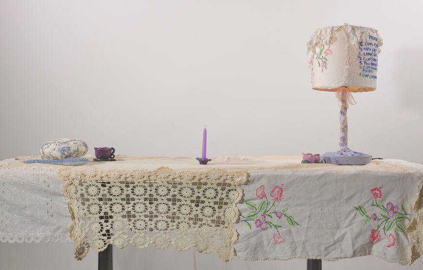 Made with cotton fabric, second hand doilies and crochet fabrics, embroidery thread, a lamp kit, up cycled sheets, clay, acrylic paint, and embroidery floss. 