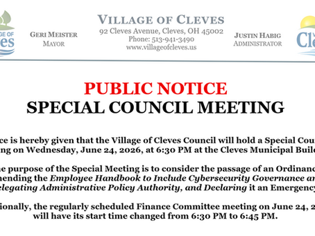 Special Council Meeting 6/24/26 at 6:30PM | Finance Committee Meeting Start Time Changed to 6:45PM
