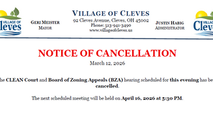 Notice of Cancellation - CLEAN Court and BZA Hearing - Mar. 12 