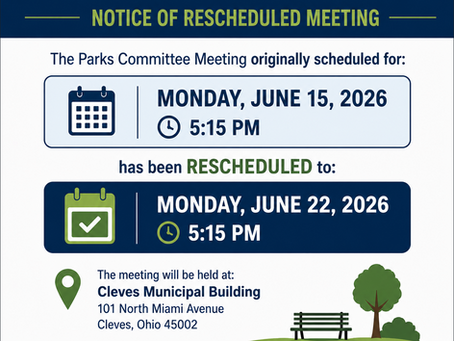 Village of Cleves Parks Committee Meeting Rescheduled to Monday, June 22, 2026 at 5:15 p.m.