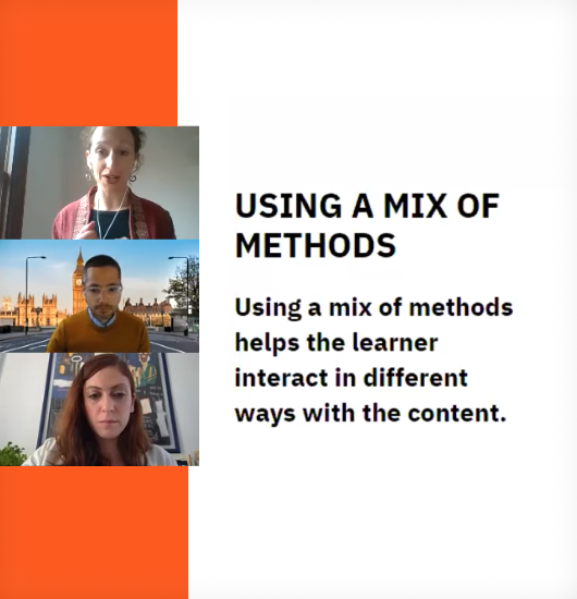 Thumbnail of webinar slide. Text reads 'Using a mix of methods: Using a mix of methods helps the learner interact...'