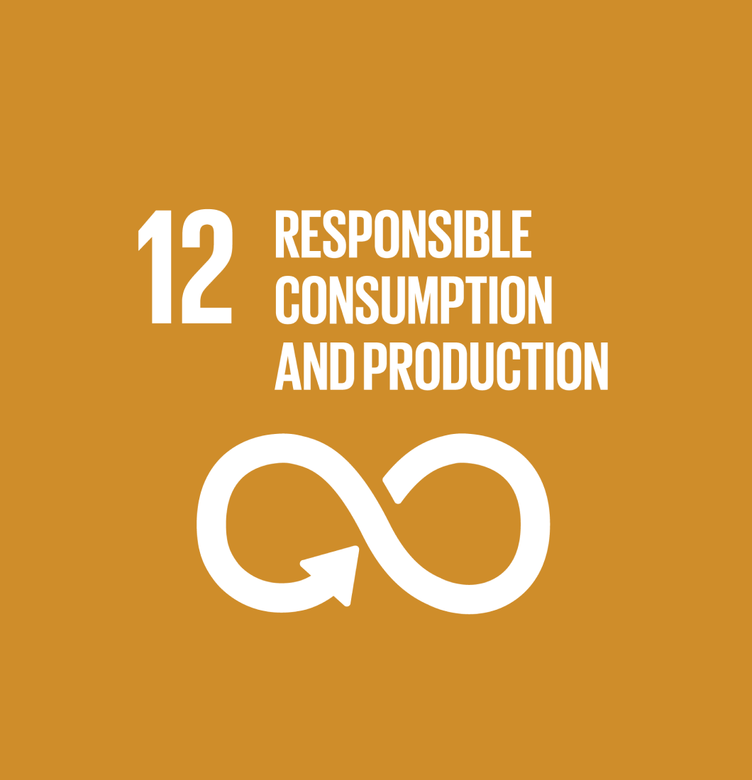 Sustainable Development Goal 12. Responsible Consumption and Production. Image of a figure of 8 loop on its side.
