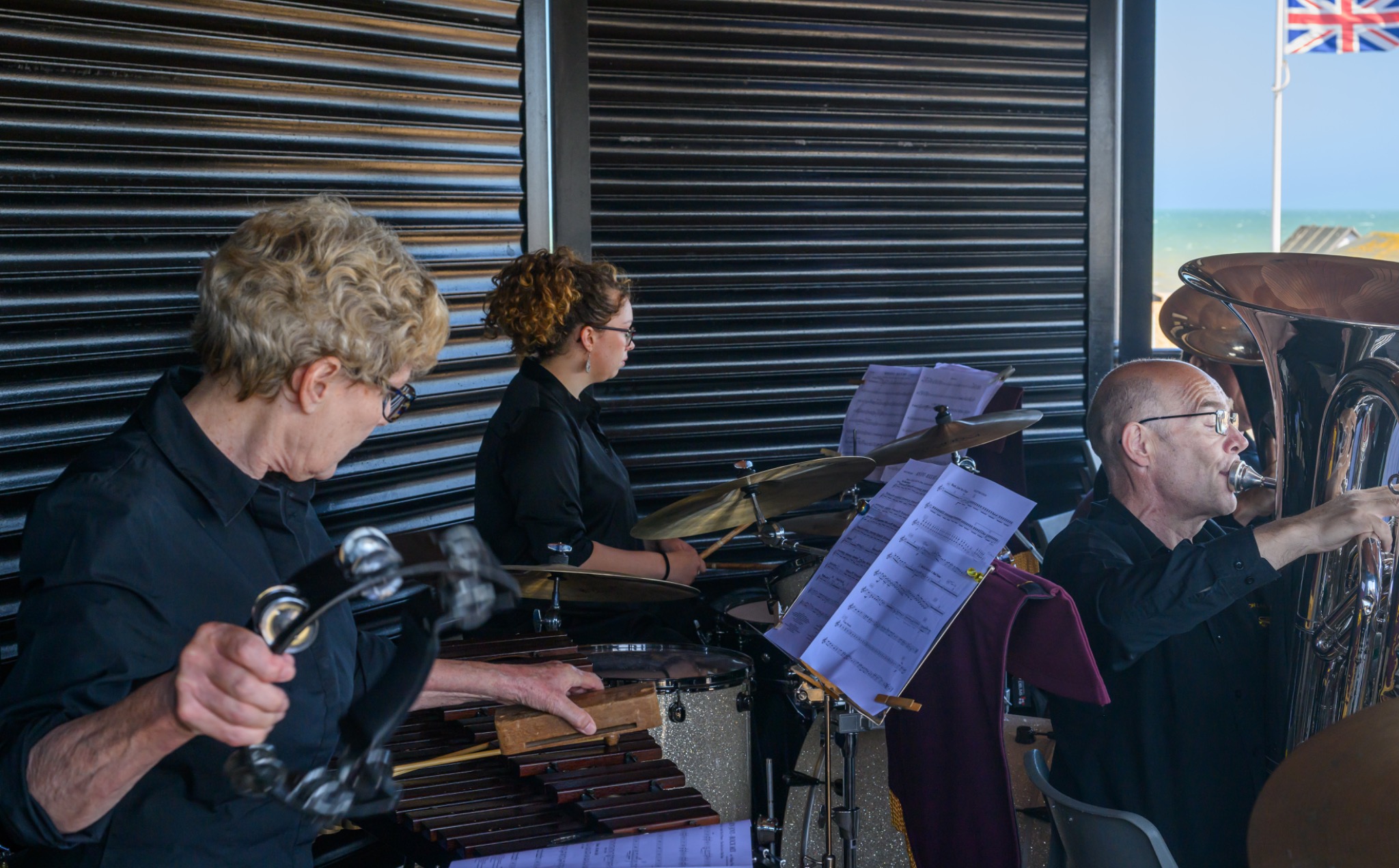 Percussion section and bass player at Deal Bandstand