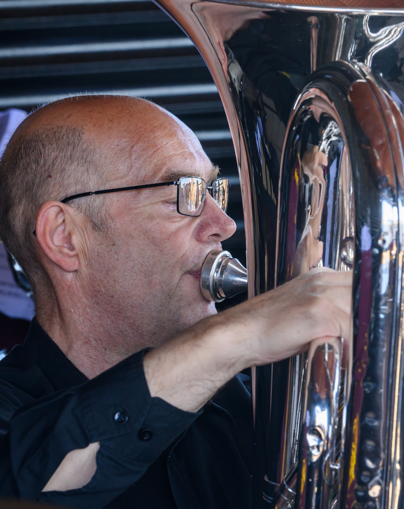 Close-up of bass player at Deal Bandstand