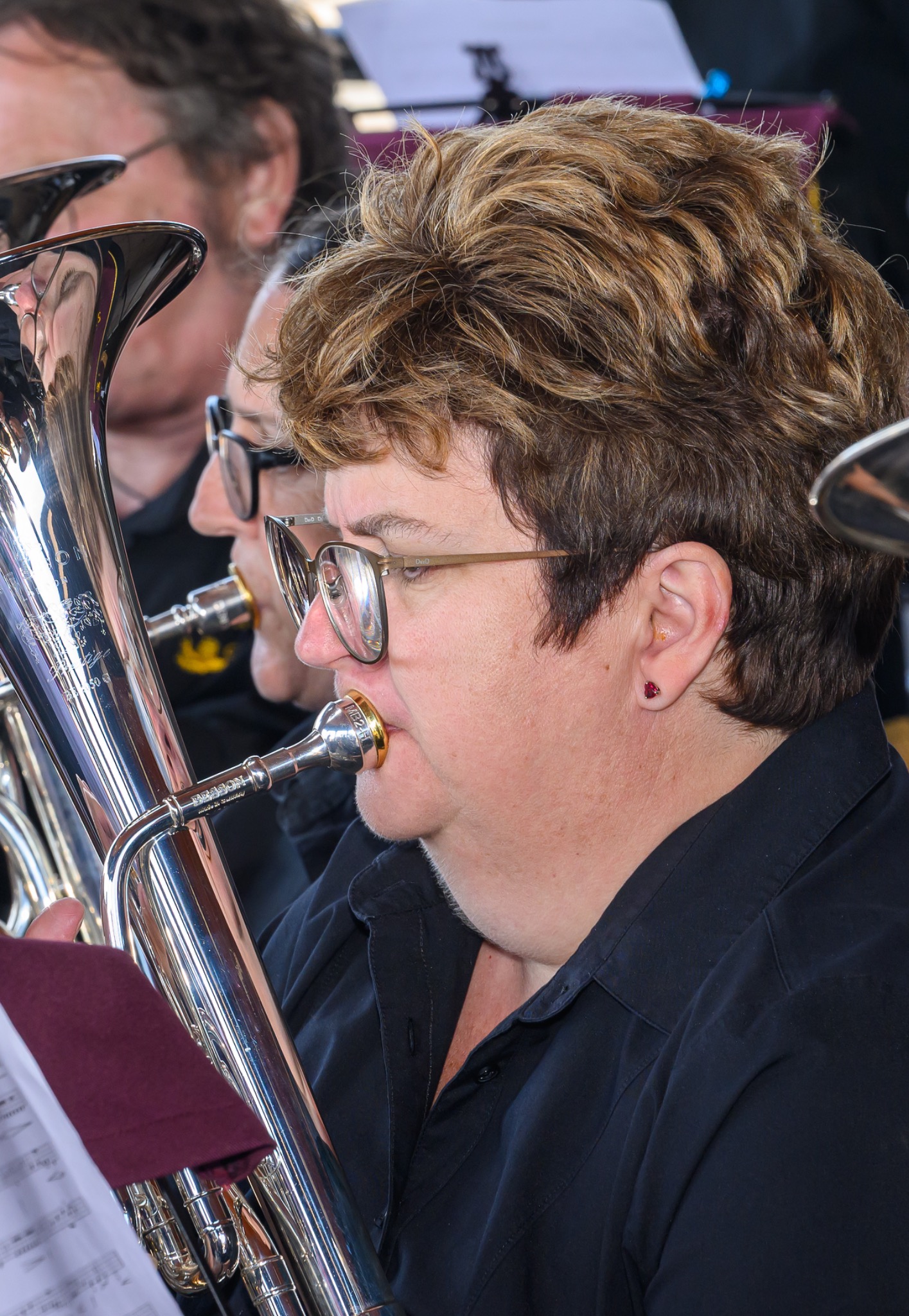 Close-up of a brass player performing at Deal