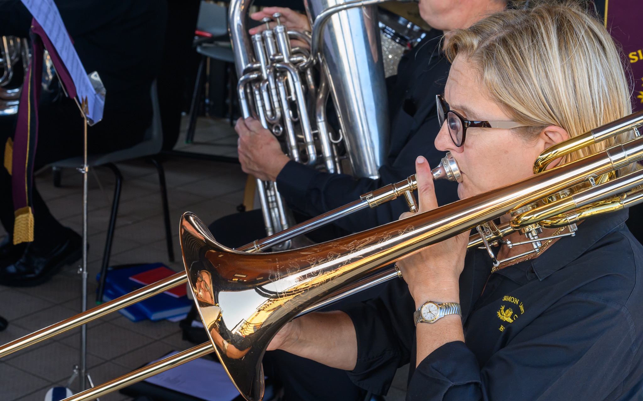 Trombone player performing at Deal Bandstand