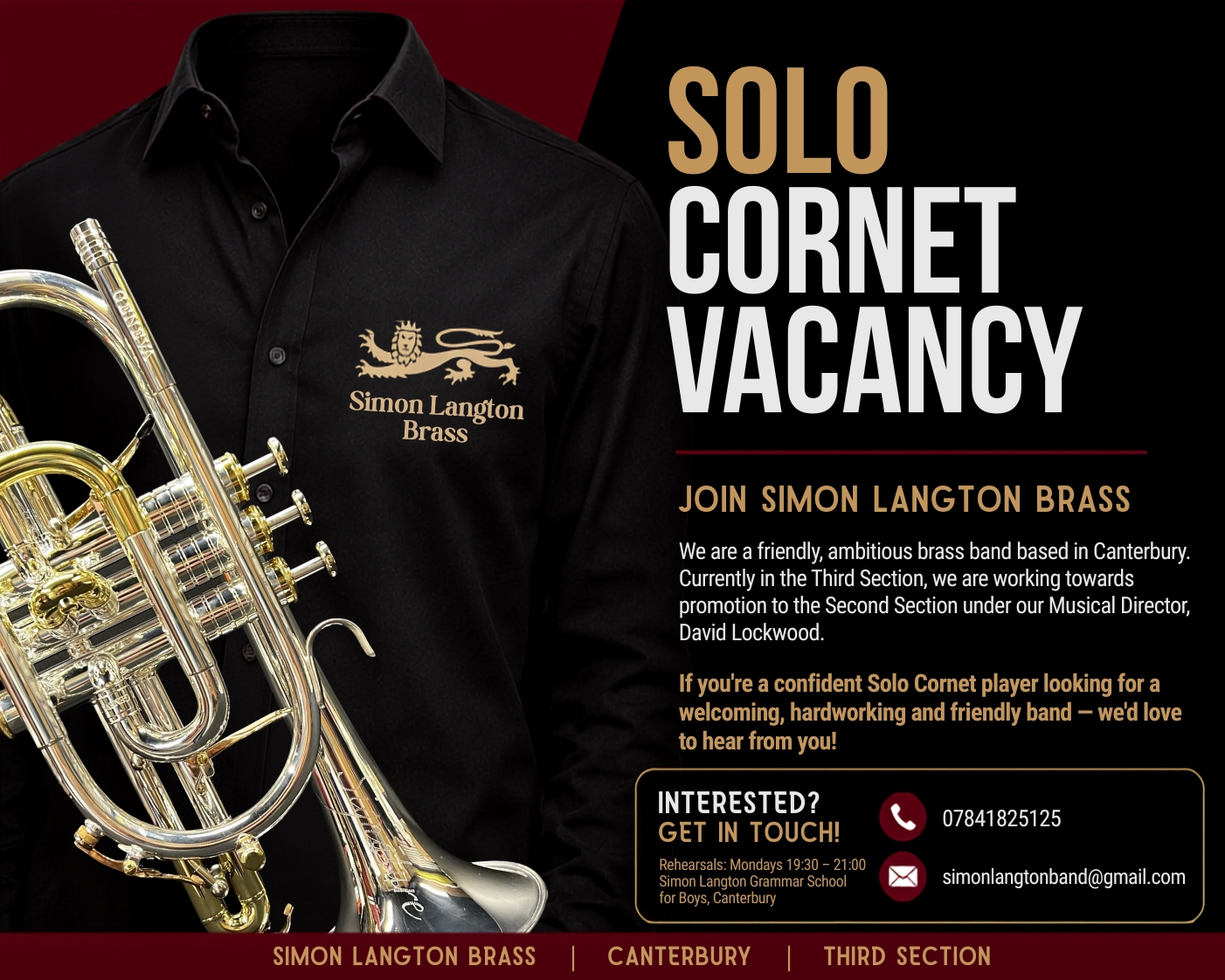 Simon Langton Brass Solo Cornet vacancy recruitment poster