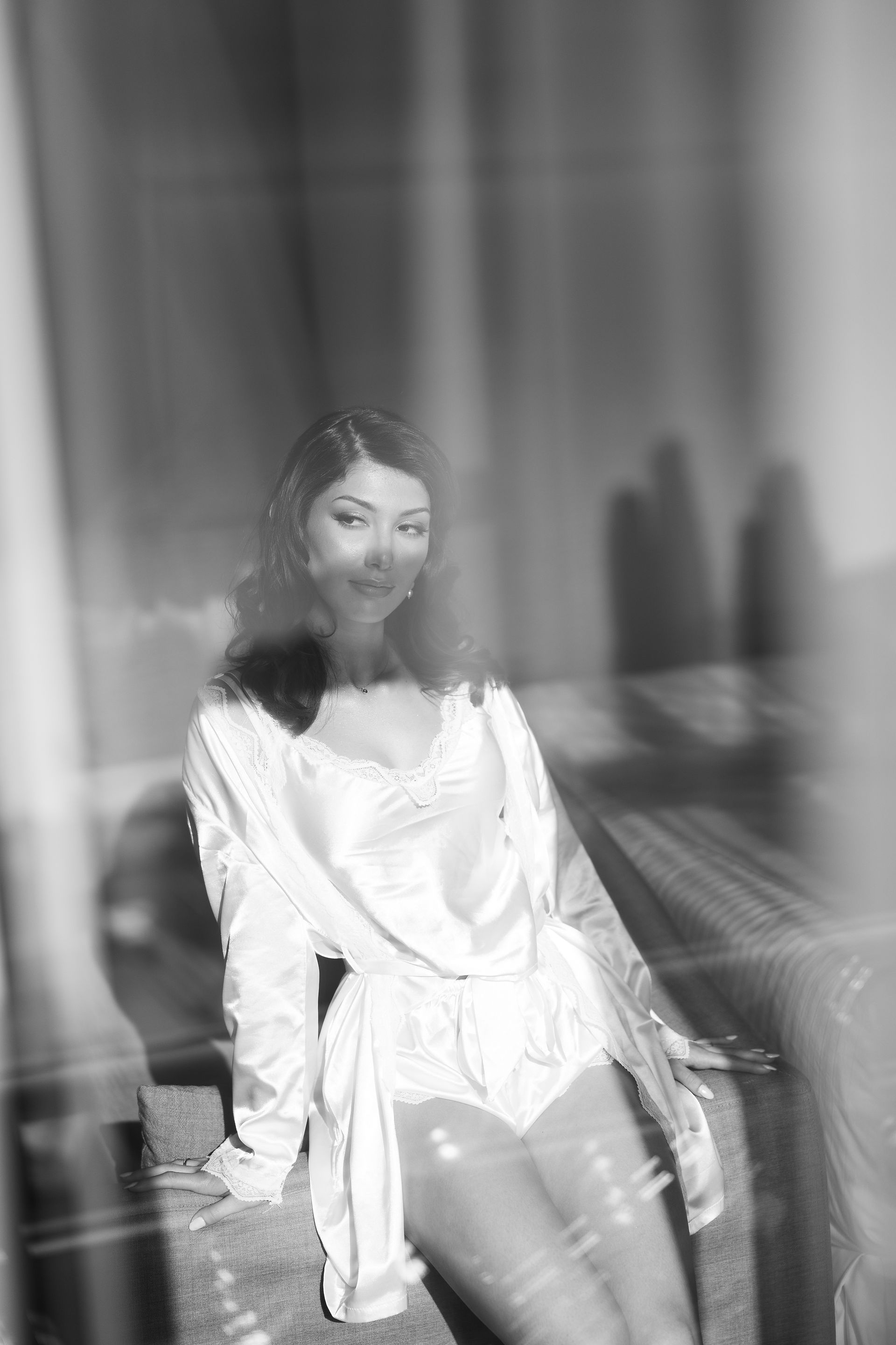 black and white photo of bride in robe
