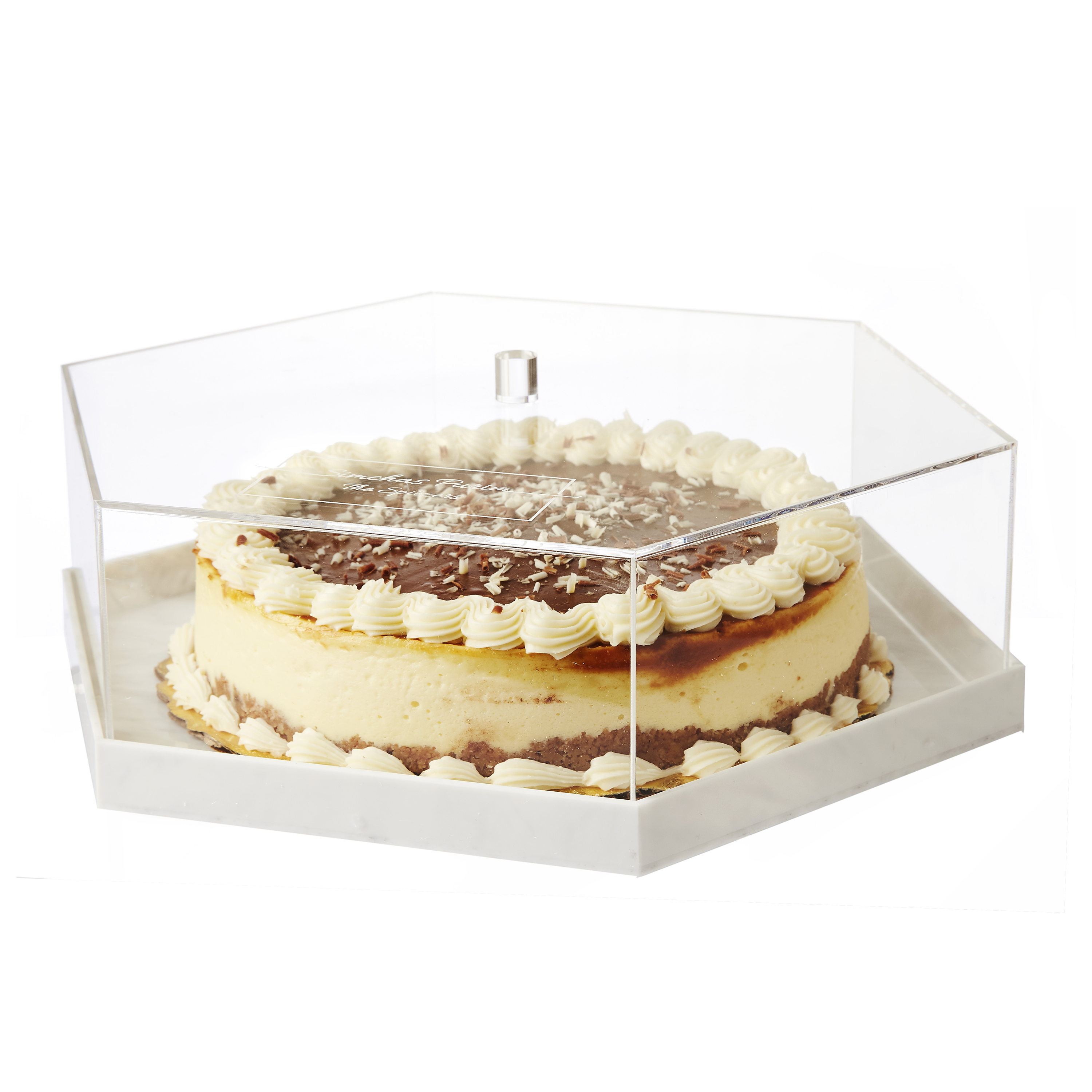 Engraved Lucite Decorative Hexagon Cake Dome White Marble
