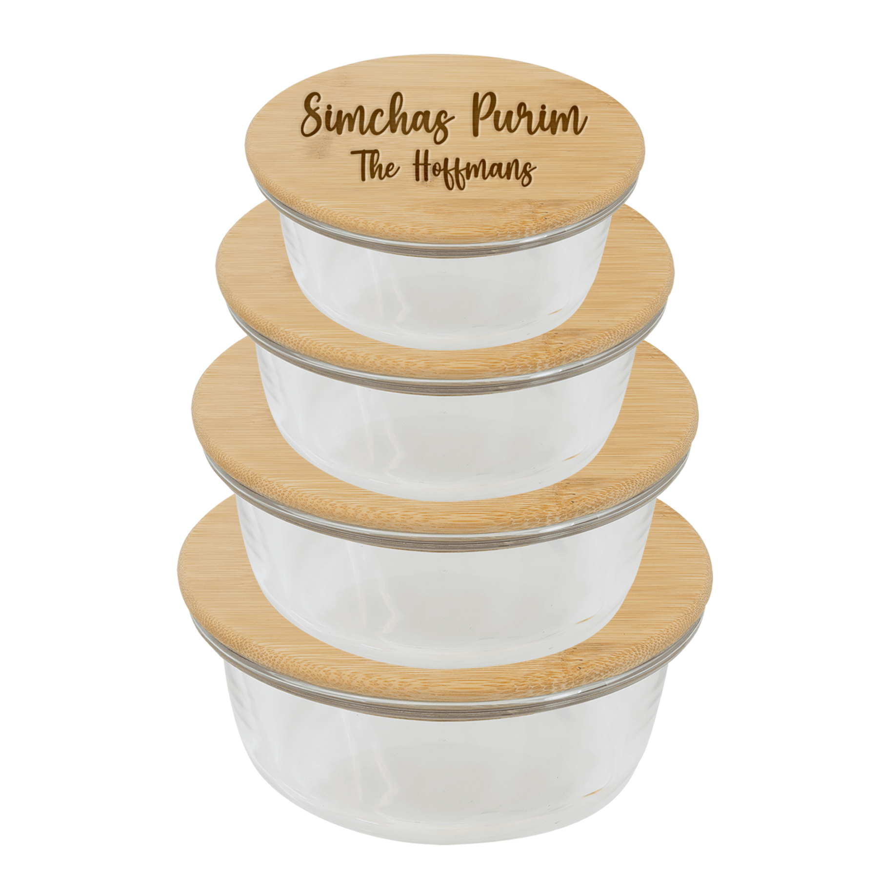 Set of 4 Round Glass Container with  Personalized Bamboo Lid