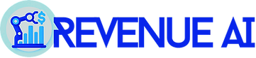 Revenue AI logo with robotic arm, magnifying glass, dollar sign, and rising bar chart in green and blue.