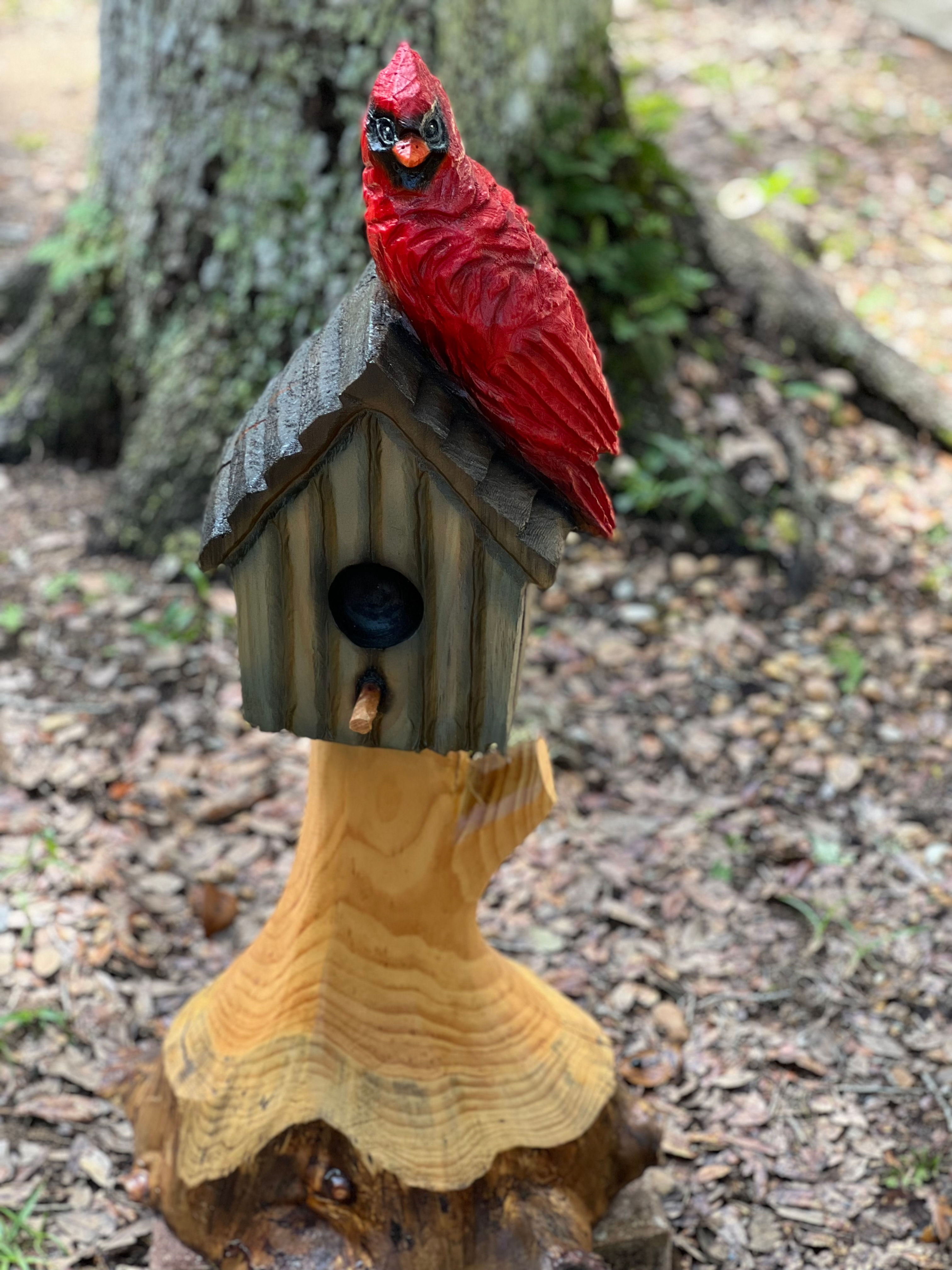 SOLD! Chainsaw Carved Cardinal On Birdhouse