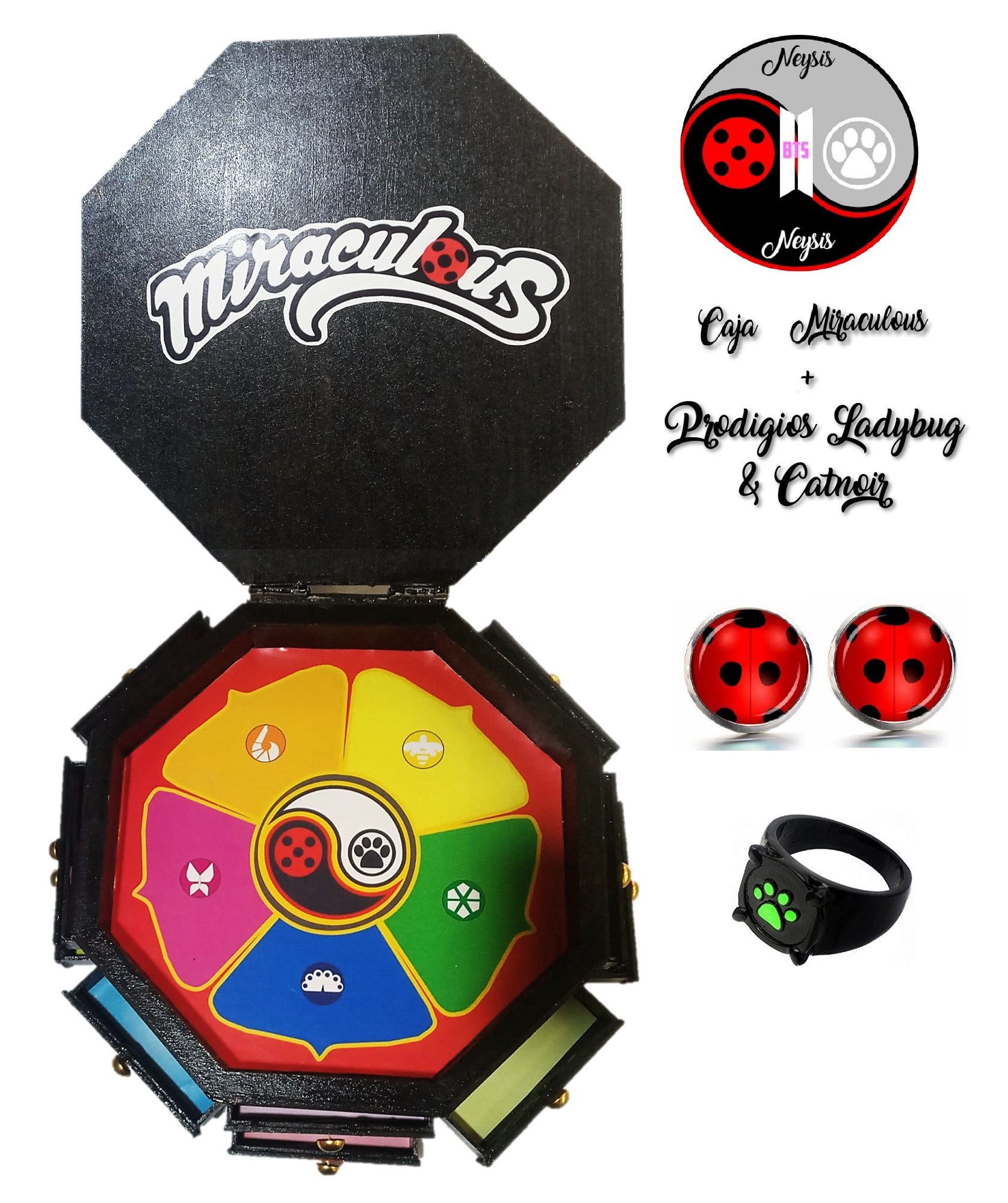 Caja Miraculous + Arete Ladybug + Anillo Catnoir