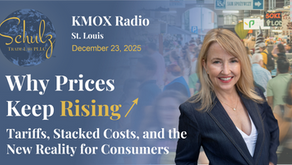 Smiling woman in front of a busy market. Text: Why Prices Keep Rising. KMOX Radio, St. Louis, Dec 23, 2025. Blue and yellow tones.