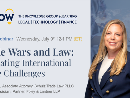 Natalie Zink in a suit smiling, standing next to text promoting a CLE Webinar titled "Trade Wars and Law" on navigating trade challenges.