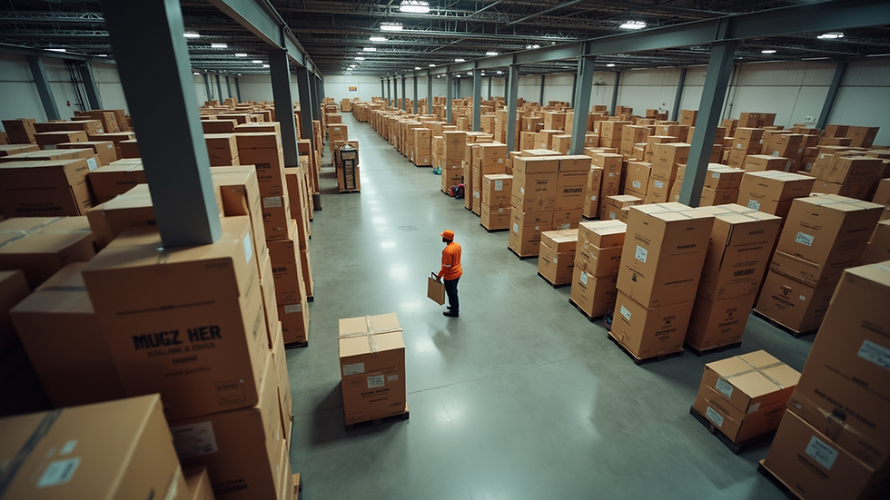 High angle view of warehouse with labeled boxes and workers
