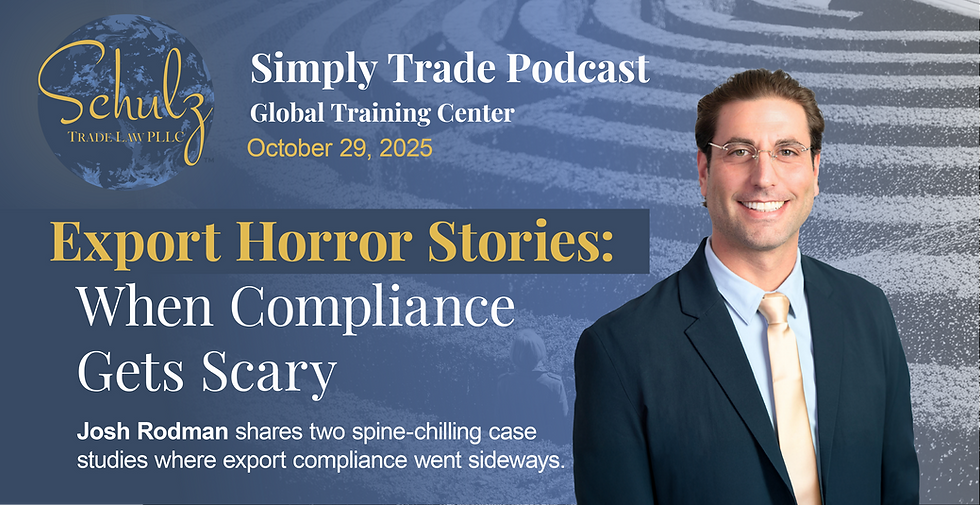 Smiling man in a suit on right. Background with text: "Export Horror Stories: When Compliance Gets Scary." Podcast info on left.