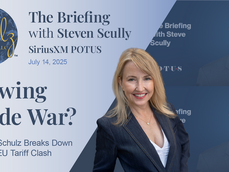 Blonde woman smiling, with text about "The Briefing" on SiriusXM POTUS and "Brewing Trade War?" discussing U.S.-EU tariffs. Blue background.