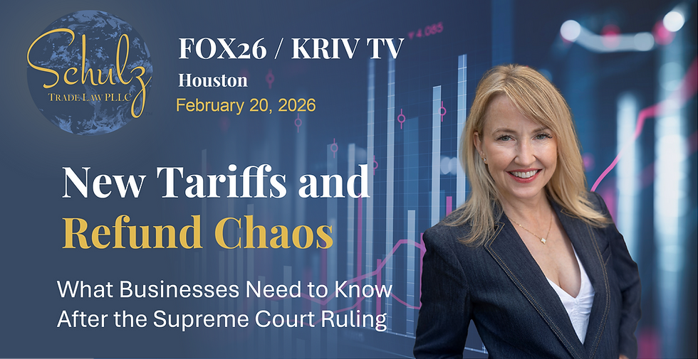 Smiling woman in a blazer with stock market graph backdrop. Text: "New Tariffs and Refund Chaos," "FOX26 / KRIV TV," "February 20, 2026."