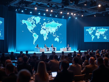 High angle view of a global trade conference