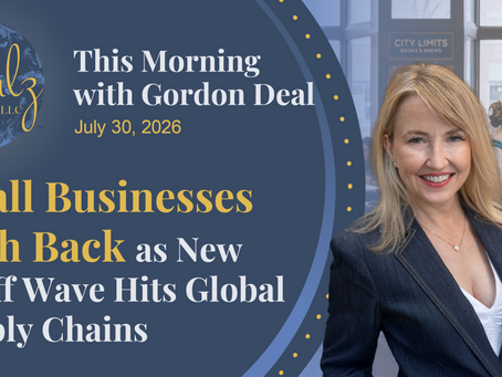 Smiling blonde woman in a bookstore beside promo text about Gordon Deal and small businesses pushing back on tariffs.