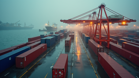 High angle view of a chaotic shipping container port
