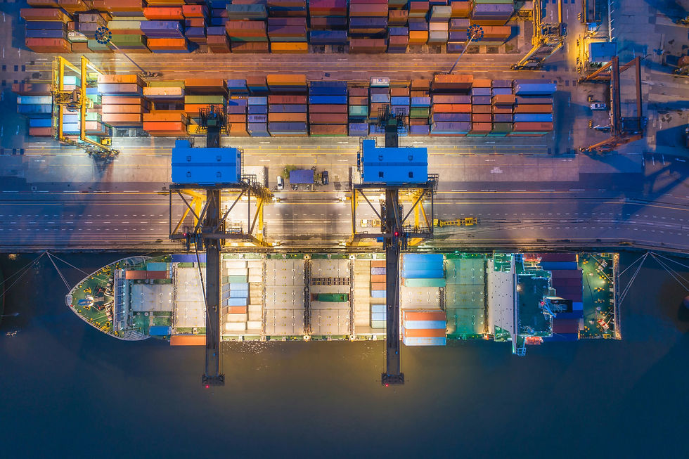 Aerial view of a cargo ship at a brightly lit port with colorful stacked containers. Cranes align parallel to the ship under evening sky.
