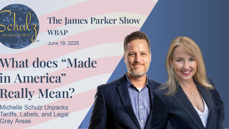Two people smiling on a blue background. Text: "What does 'Made in America' Really Mean?" "The James Parker Show" "WBAP" "June 19, 2025."