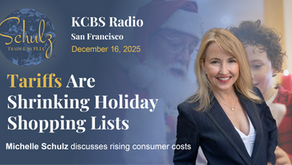 Michelle Schulz smiles in front of festive background with Santa and child. Text: Tariffs Are Shrinking Holiday Shopping Lists. KCBS, Dec 16, 2025.