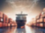Cargo ship at port with stacked containers on both sides. Digital network overlay in the sky. Sunset backdrop, futuristic vibe.