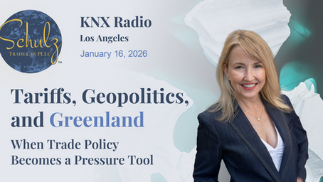 Smiling woman in front of abstract green ice background. Text: KNX Radio, Los Angeles, Jan 16, 2026. Topic: Tariffs, Geopolitics, Greenland.