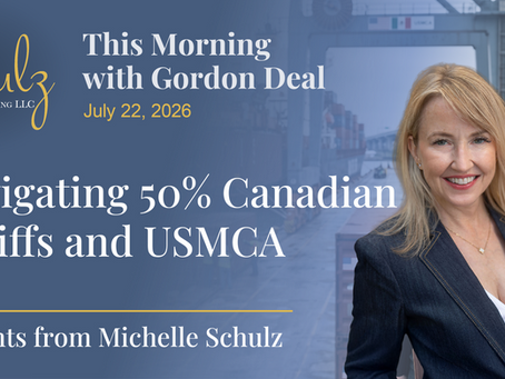 Podcast promo with smiling Michelle Schulz in navy blazer at a port, reading This Morning with Gordon Deal; July 22, 2026.