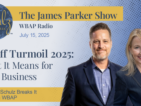 Two people in suits are smiling in front of blue dotted background. Text: The James Parker Show, discussing "Tariff Turmoil 2025" on WBAP Radio.