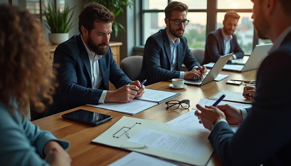Business meeting with five people around a wooden table. Papers, glasses, and laptops are on the table. Mood is focused and professional.