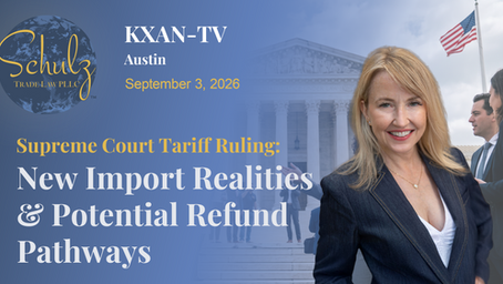 KXAN-TV Austin graphic on Supreme Court tariff ruling, with smiling blonde woman, U.S. flag, and blue law-firm branding